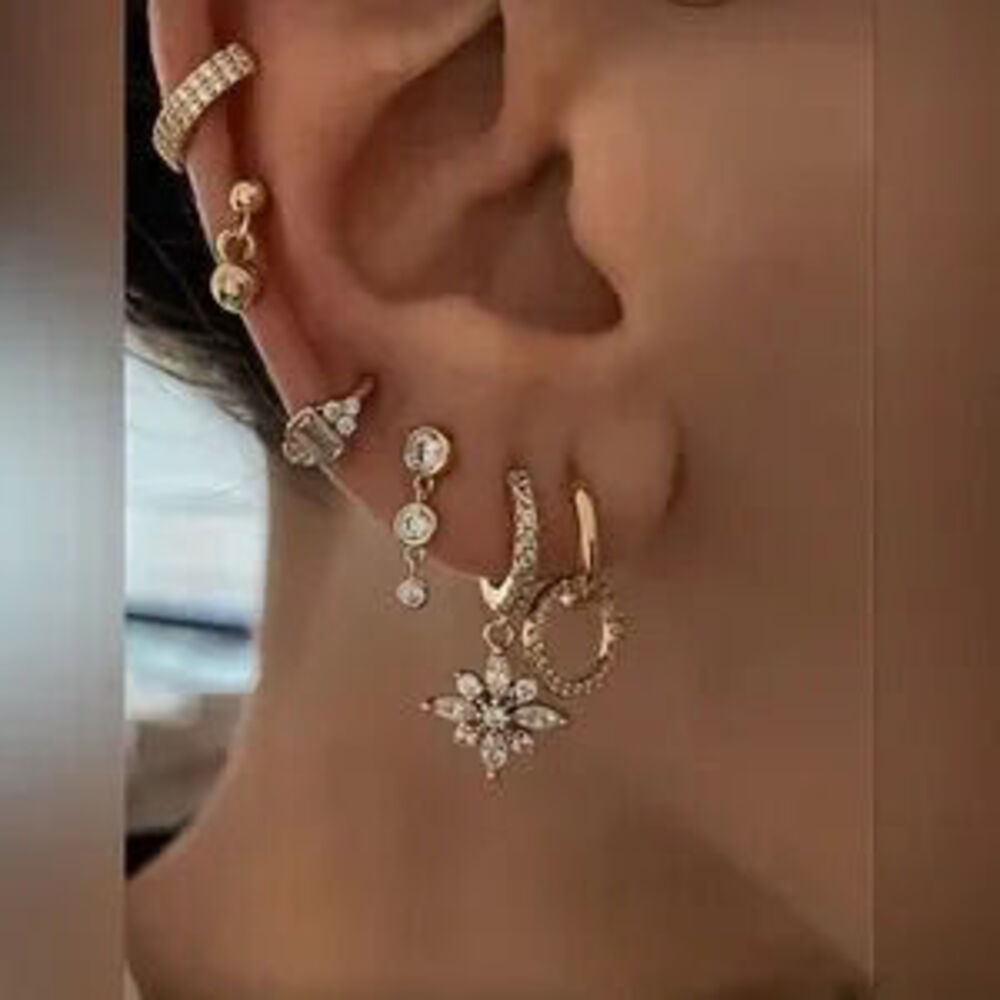 Gold Tone 6PC Earring Set Crystal Hoop Stud Dangle Ear Stack Set Gift Dainty